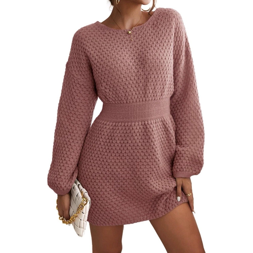 Crochet Look Textured Knit Sweater Dress Long Sleeve Banded Waist M Dusty Rose